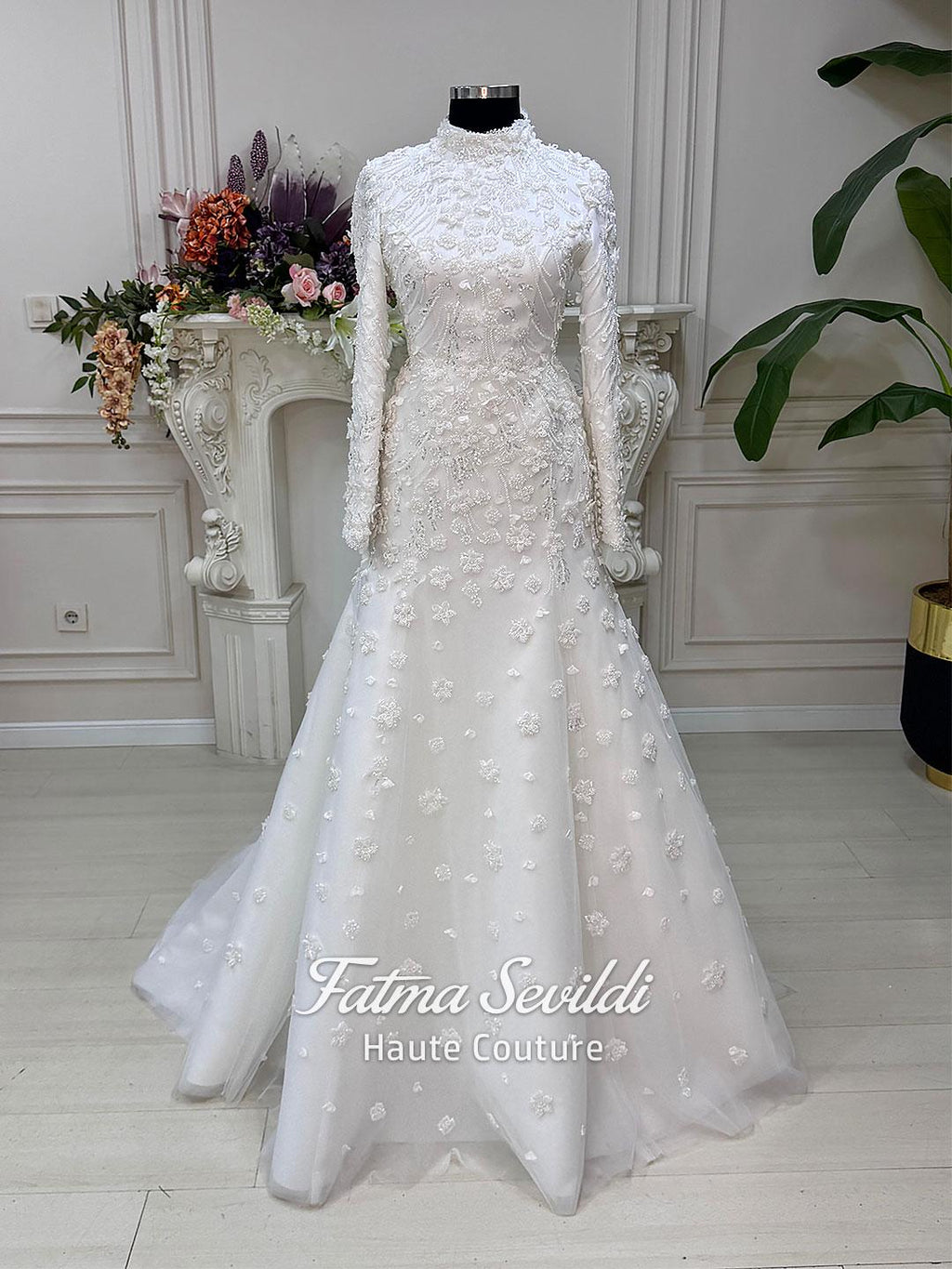 Veiled mermaid hijab wedding dress with beaded lace embroidery