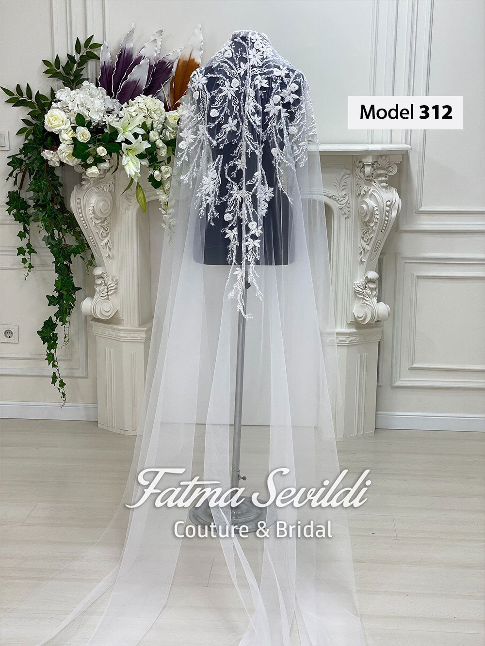 Model 312 cathedral beaded lace bridal veil by Fatma Sevildi Couture