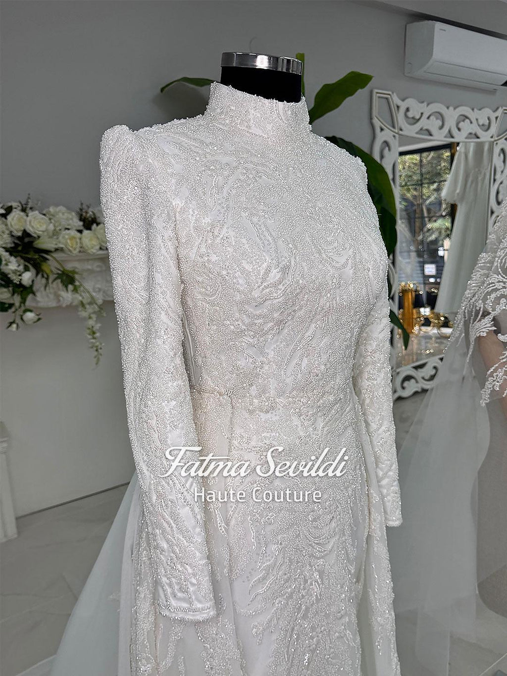 Beaded lace long-sleeve veiled hijab wedding gown with detachable skirt
