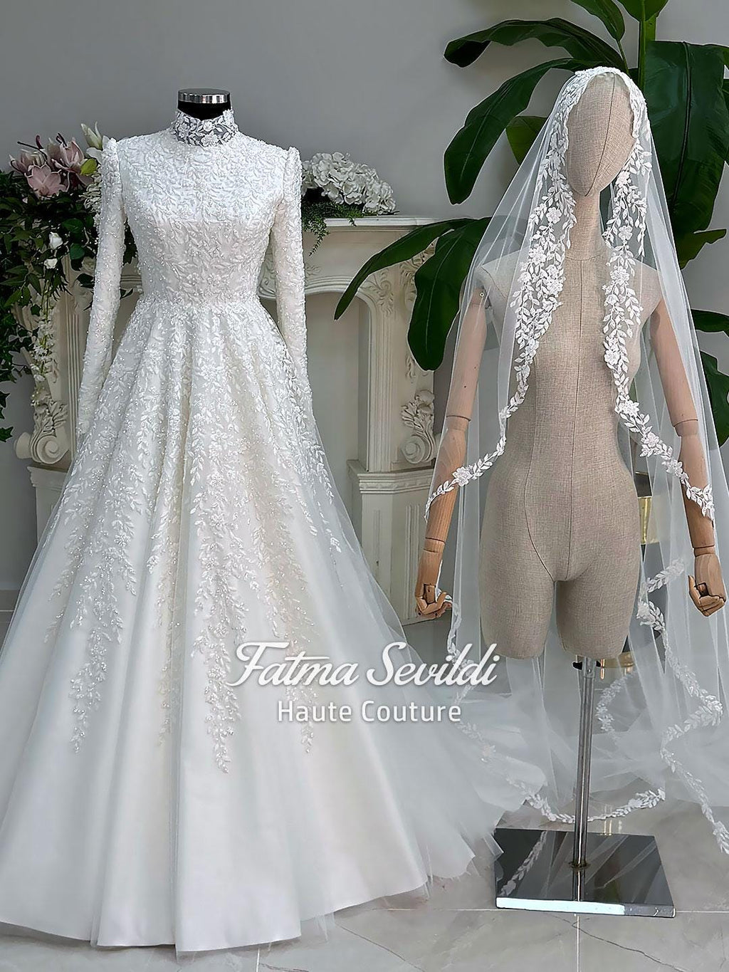 Elegant white lace A-line wedding gown with long sleeves, high neck, veil, for Muslim brides