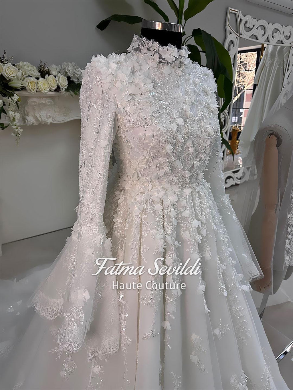 Modest A-line wedding dress with floral applique, high neck, long sleeves, beaded lace