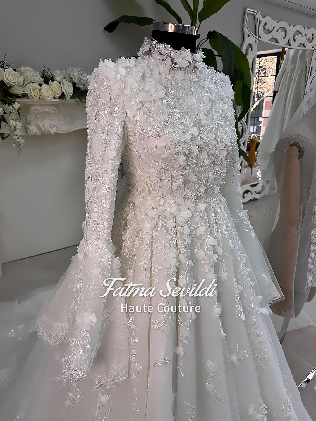 Modest A-line wedding dress with floral applique, high neck, long sleeves, beaded lace