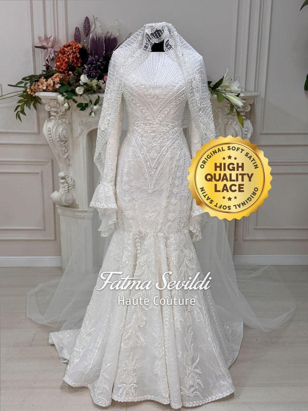 White beaded lace hijab wedding dress with high neck, long sleeves and veil