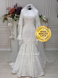 White beaded lace hijab wedding dress with high neck, long sleeves and veil