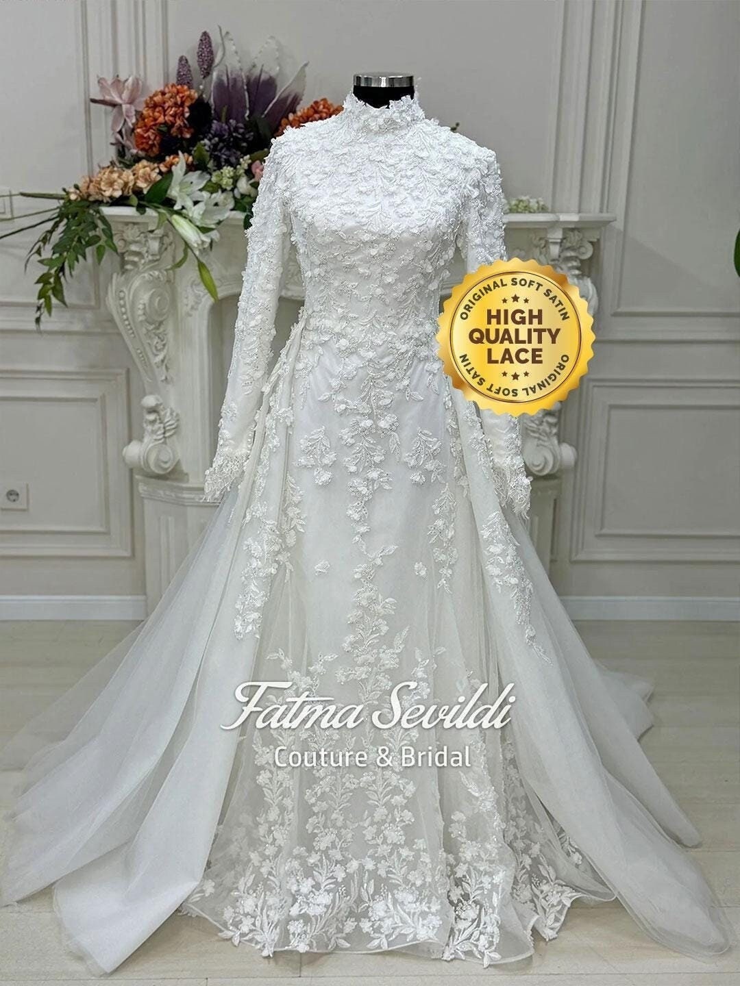 Elegant mermaid hijab wedding dress with floral lace and satin sleeves