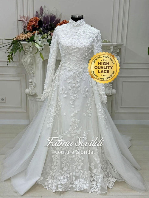 Elegant mermaid hijab wedding dress with floral lace and satin sleeves