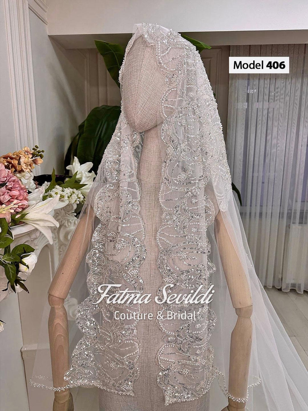 Delicate lace edge cathedral hijab veil with hand-sewn beaded appliqué