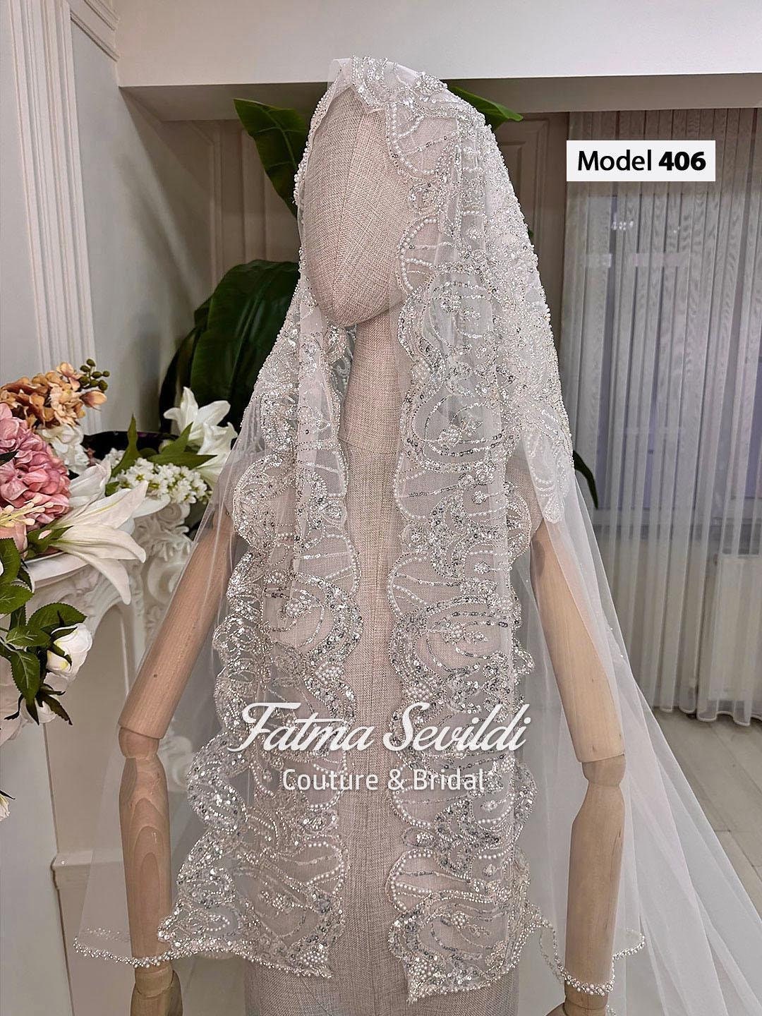 Delicate lace edge cathedral hijab veil with hand-sewn beaded appliqué