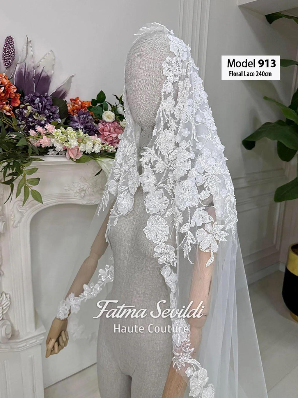 White floral lace PART10 cathedral bridal veil with beaded edge