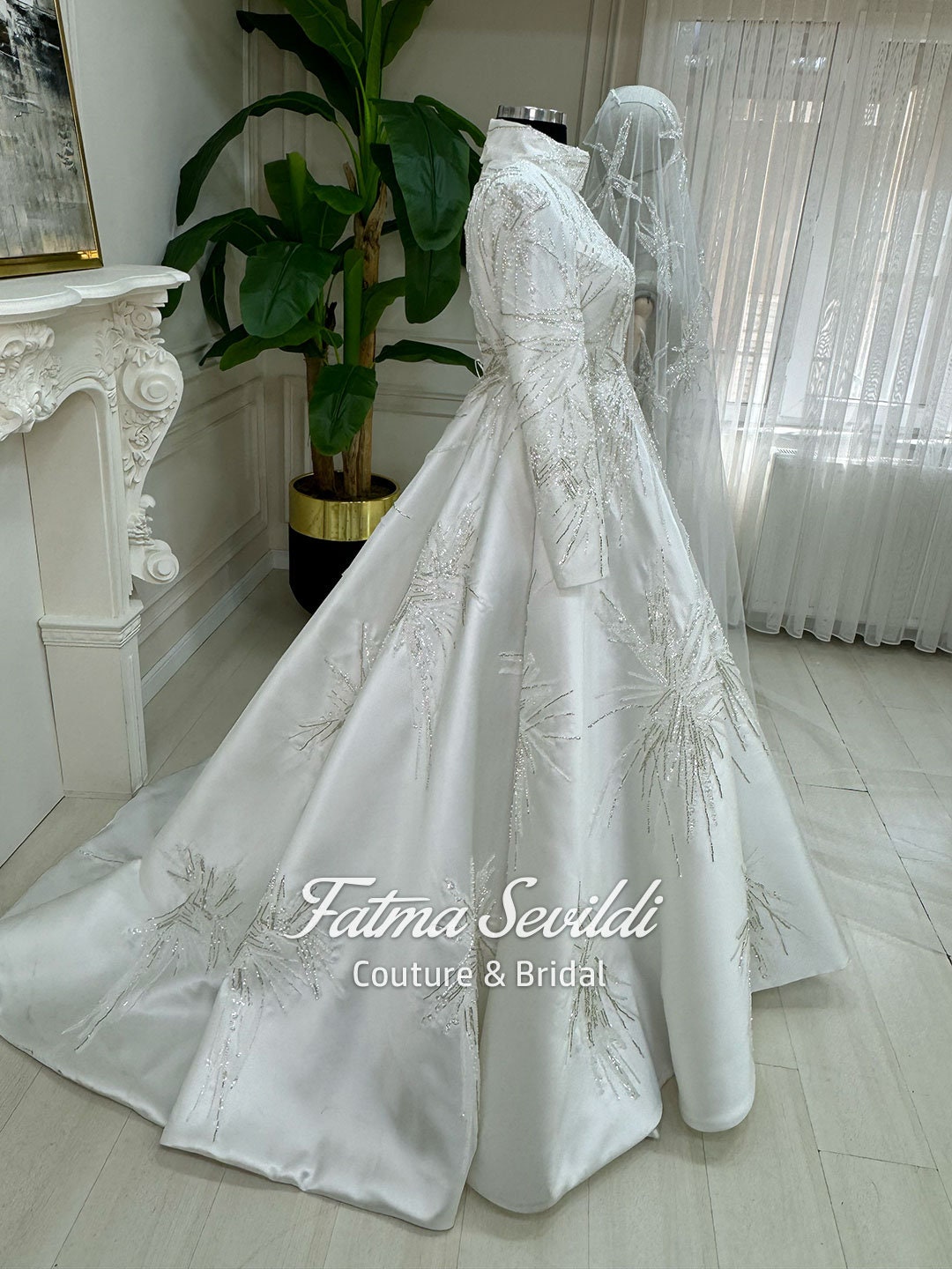 Elegant hijab wedding dress with beaded lace, high neck, long sleeves
