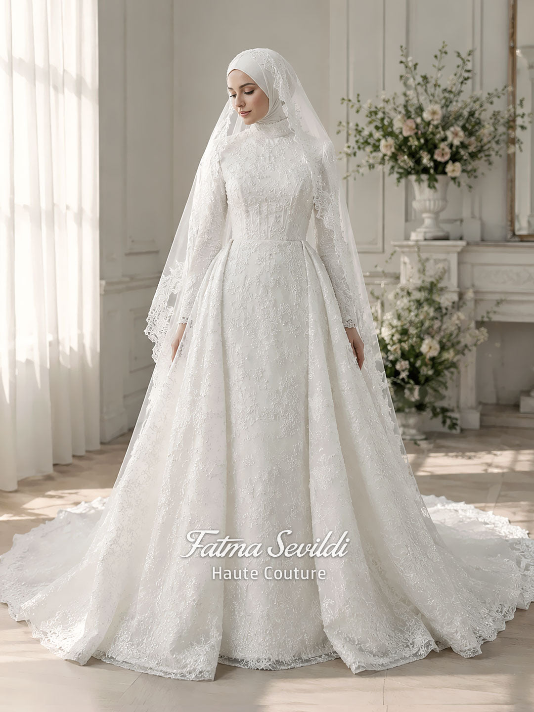 Hijab Wedding Dress, Veiled Long Sleeve Beaded Lace Corset Mermaid Gow – Fatma Sevildi Couture