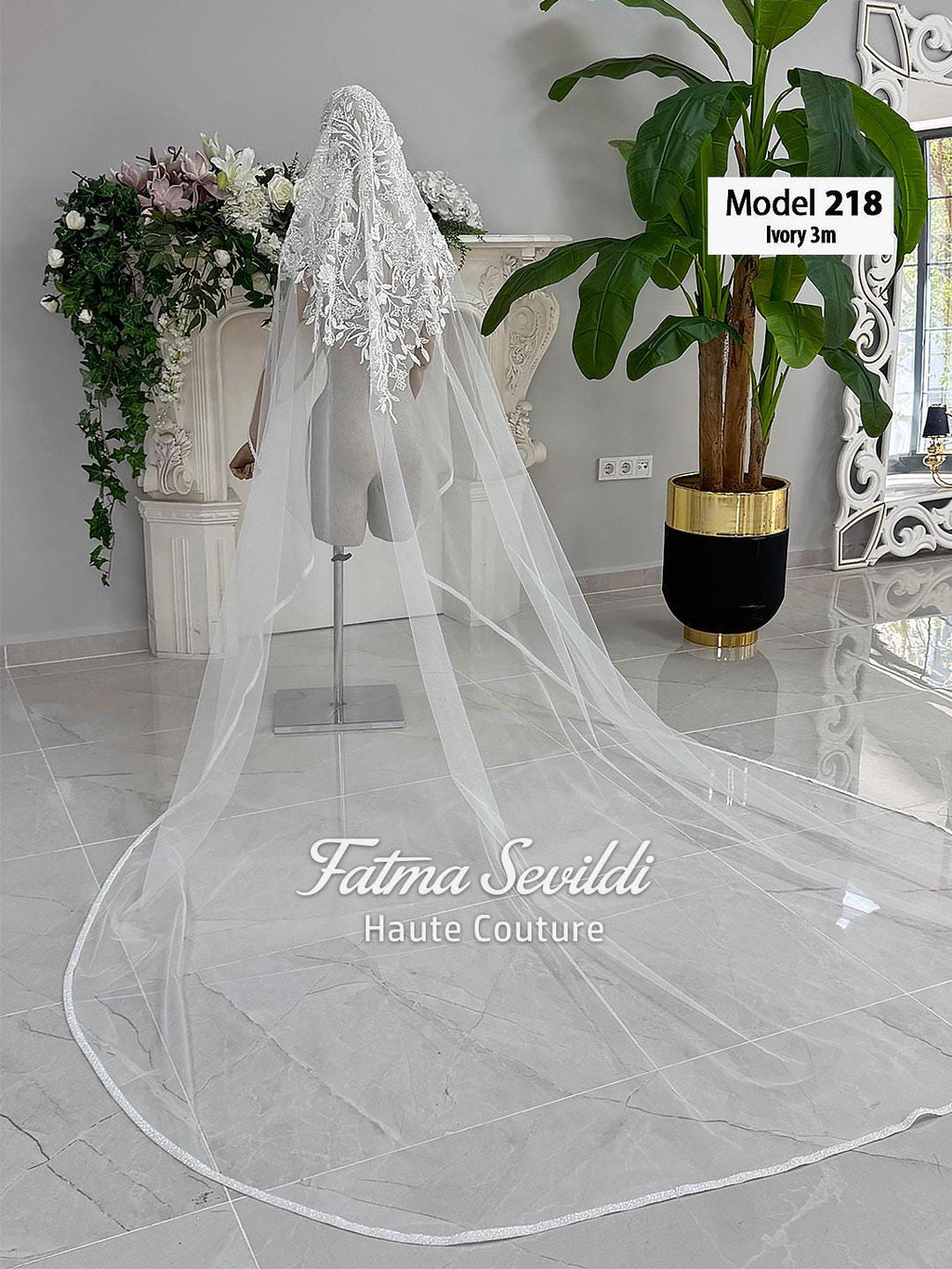 Ivory lace bridal veil model 218 with floral embroidery and scalloped tulle train