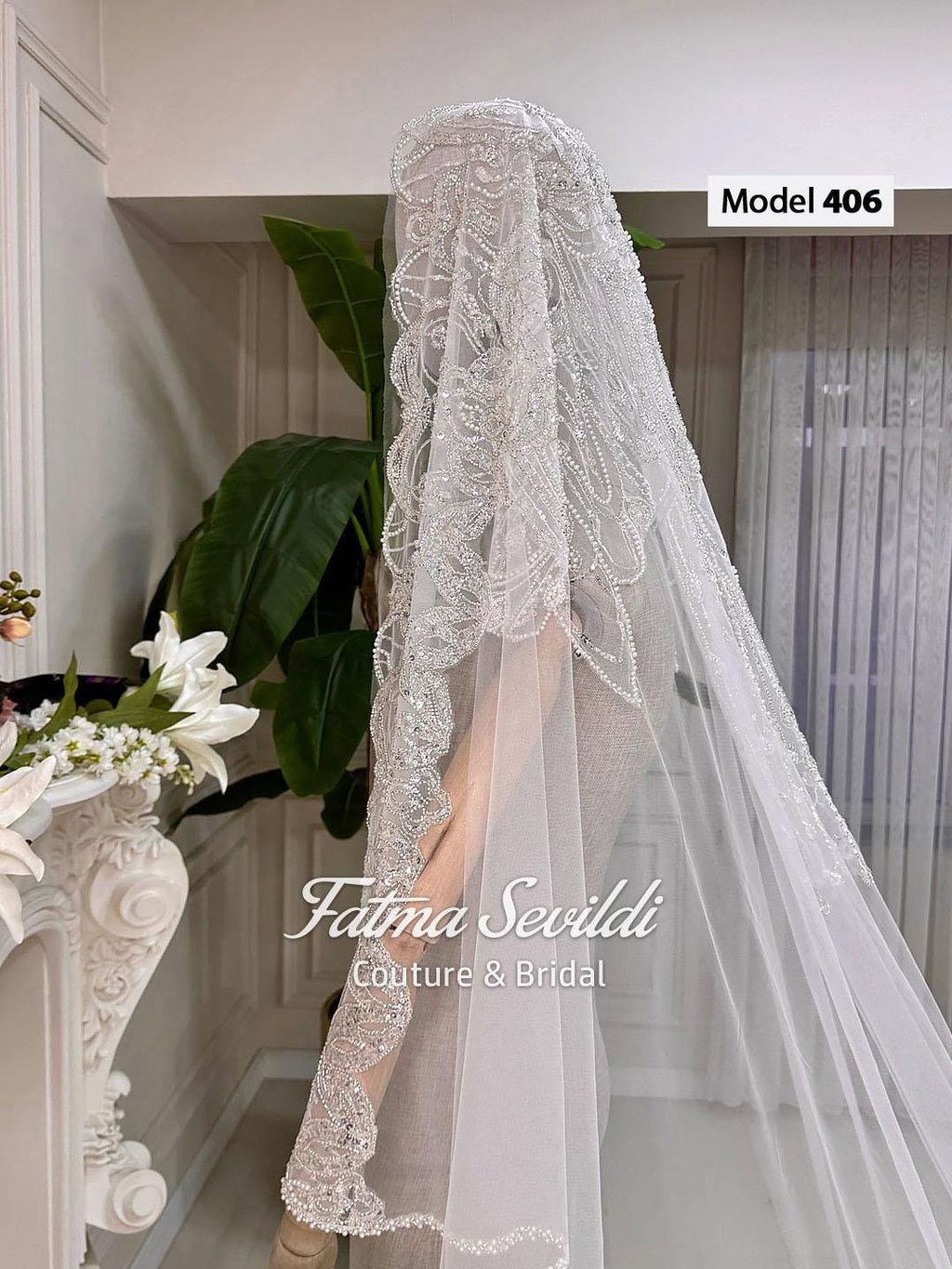 Delicate lace-edge cathedral hijab veil with beaded appliqué for modest bridal wear