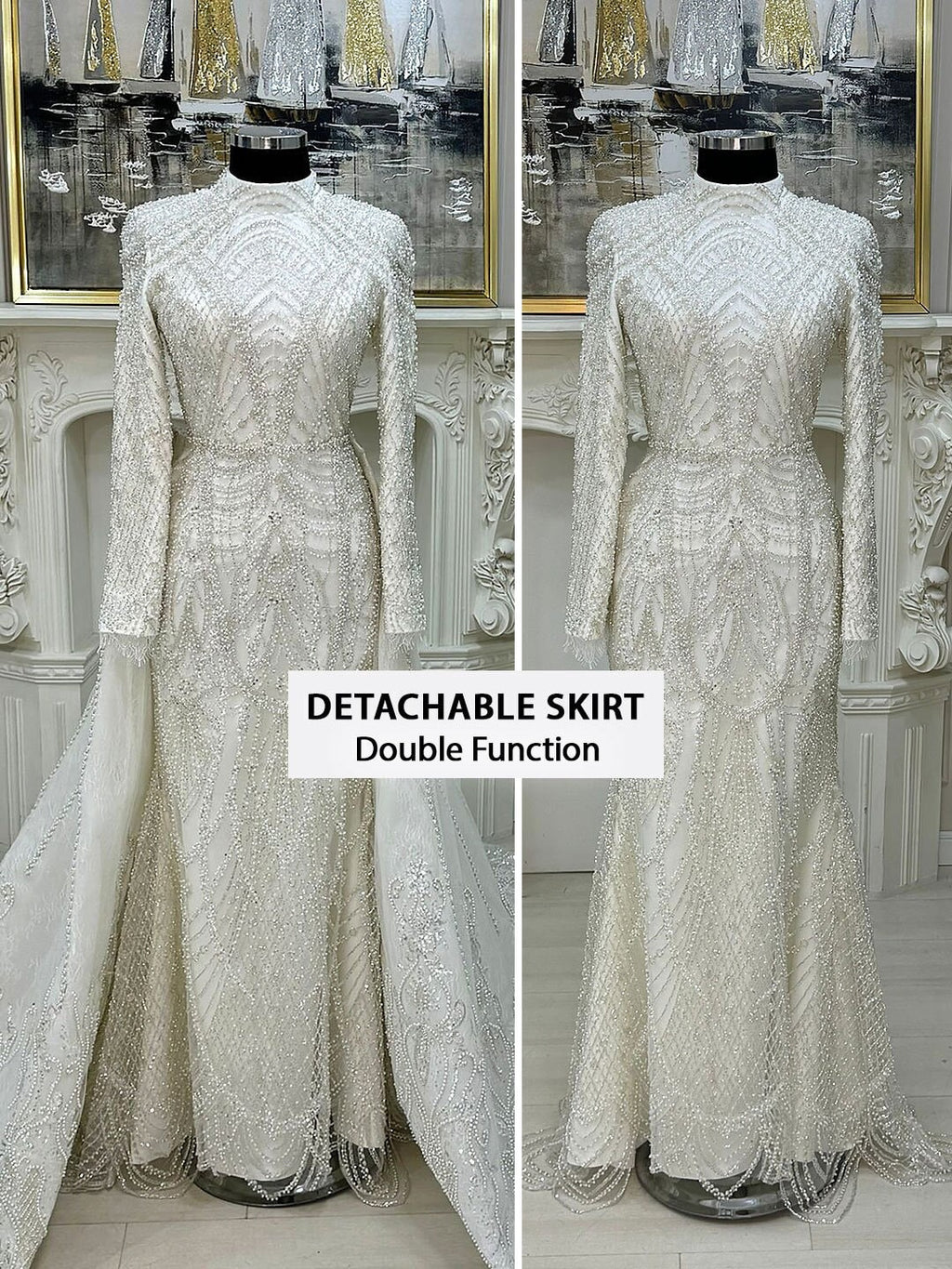 Veiled mermaid hijab wedding dress with beaded lace, high neck, detachable skirt
