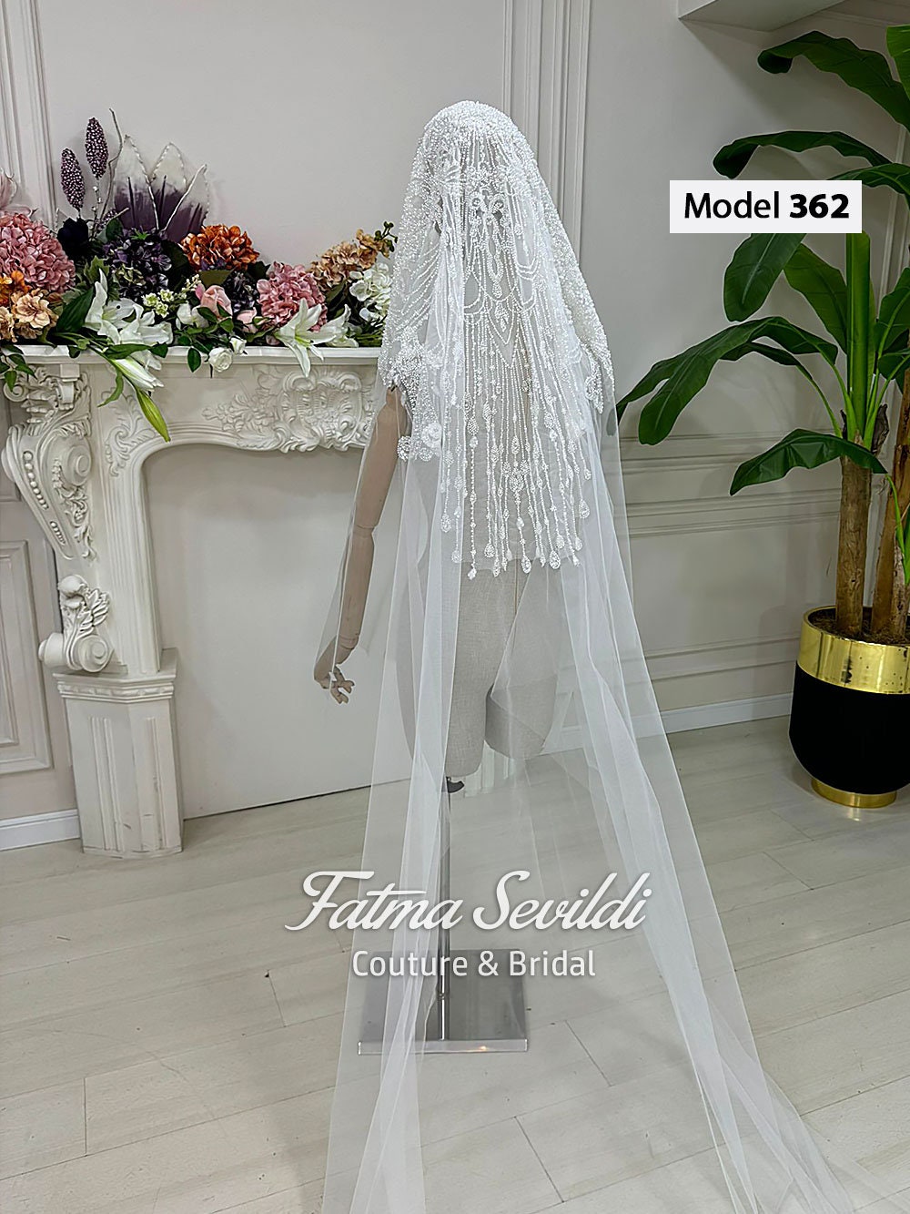 Delicate white beaded bridal veil by Fatma Sevildi, model 362, PART6 luxury tulle