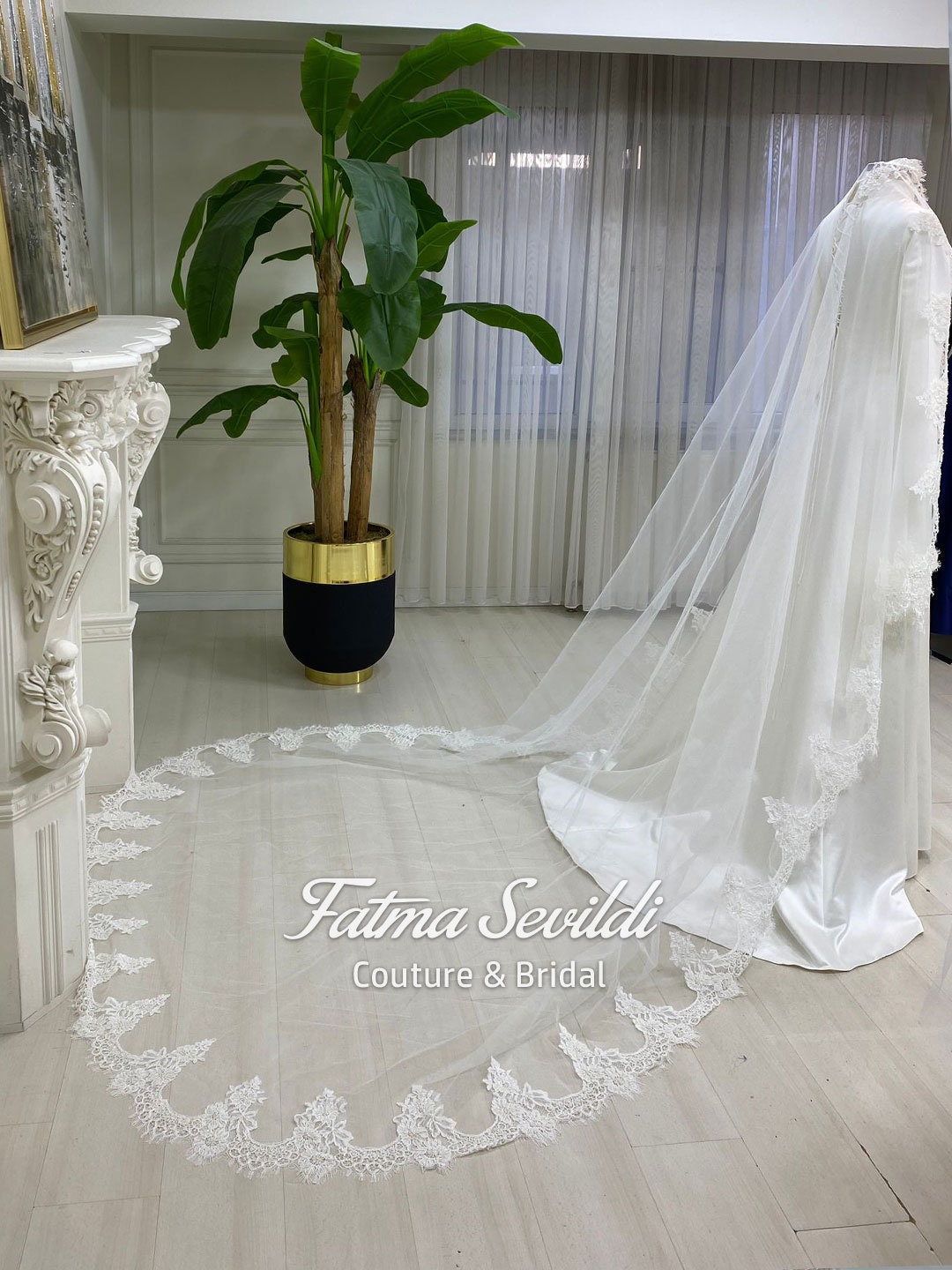 Delicate white lace bridal veil with floral pattern for Veiled Satin Hijab gown