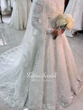 Veiled hijab lace wedding gown with floral embroidery, long train, sheer sleeves, high neckline