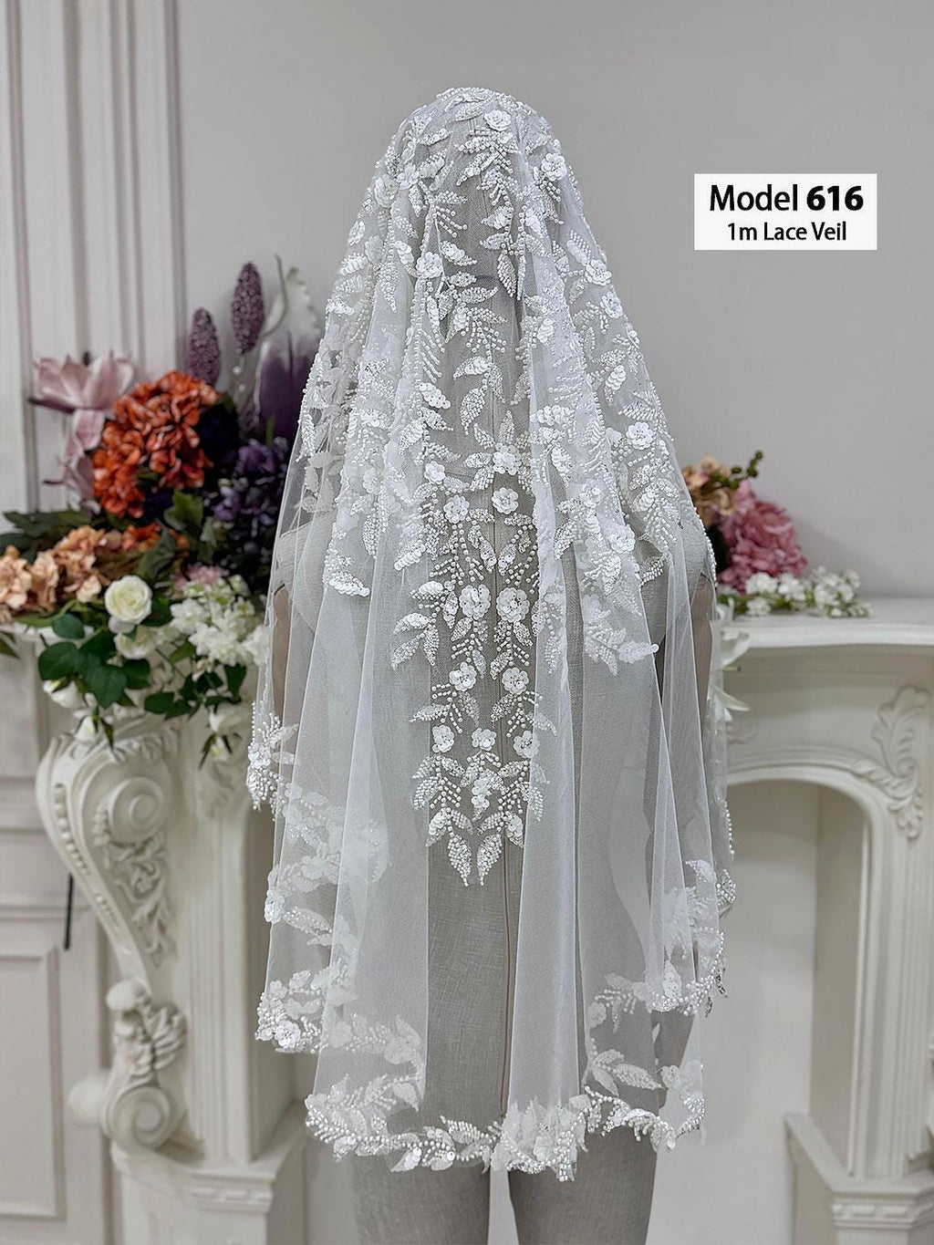 Short2 beaded lace bridal veil model 616 with floral embroidery