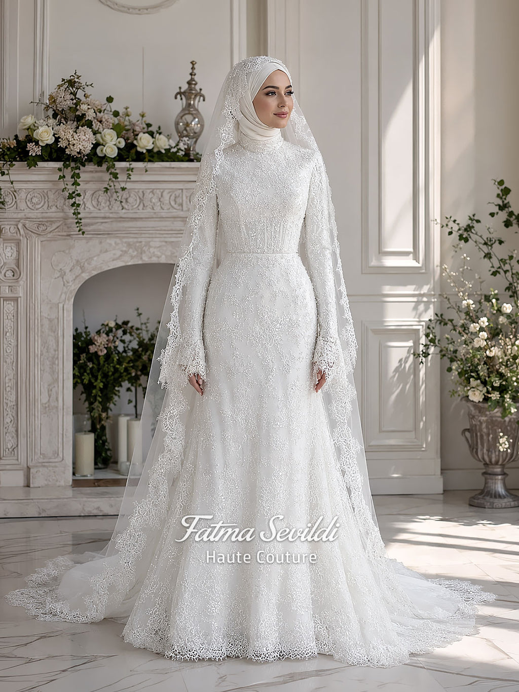 Luxury hijab wedding dress with long flounce sleeves, a high mock neckline, beaded floral lace, corset fit, mermaid silhouette, detachable overskirt, and included lace veil. Modest Muslim bridal gown shown from front, back, and detail views.