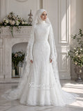 Luxury hijab wedding dress with long flounce sleeves, a high mock neckline, beaded floral lace, corset fit, mermaid silhouette, detachable overskirt, and included lace veil. Modest Muslim bridal gown shown from front, back, and detail views.