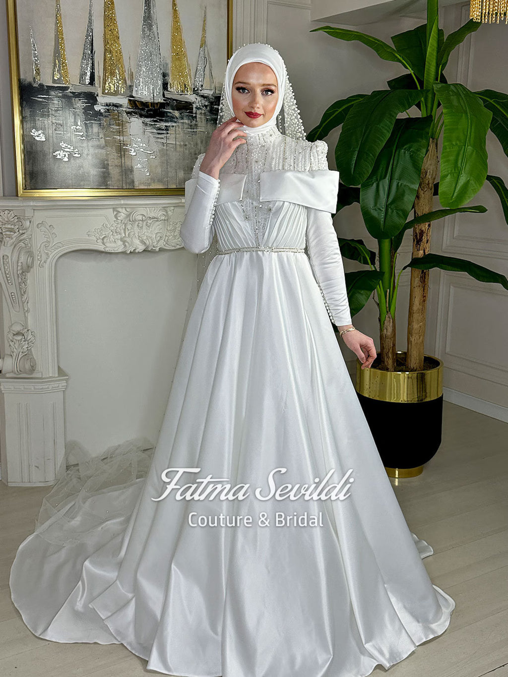 Elegant satin hijab wedding dress with high neck, lace sleeves, pearl veil
