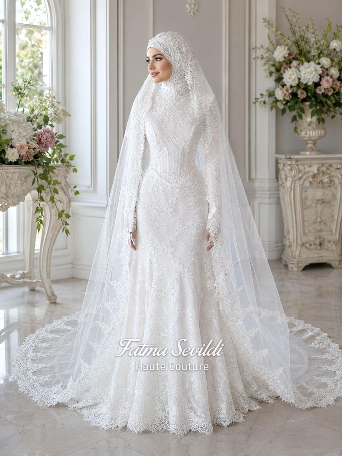 Hijab Wedding Dress with Detachable Overskirt, Veiled Luxury Modest Bridal Gown