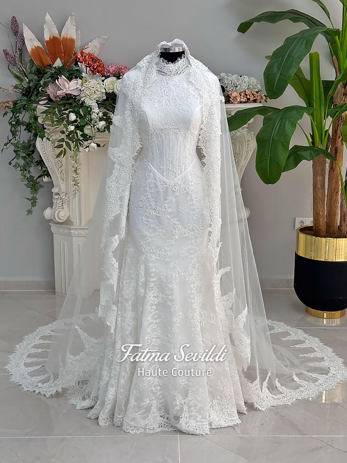 Hijab Wedding Dress with Detachable Overskirt, Veiled Luxury Modest Bridal Gown