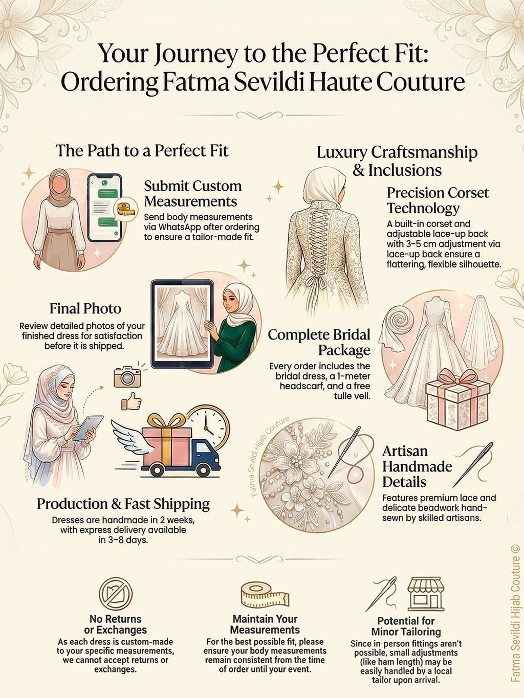 Fatma Sevildi Hijab Couture ordering process: send measurements, luxury handmade details, corset fit, final photo approval, fast shipping.