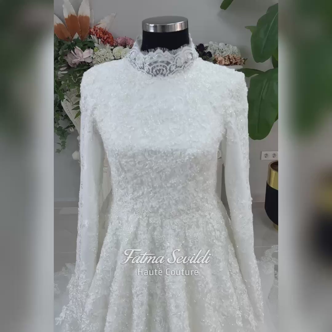 Luxury Hijab Wedding Dress Veiled Sparkle Tulle Long Sleeve Modest Bridal Gown