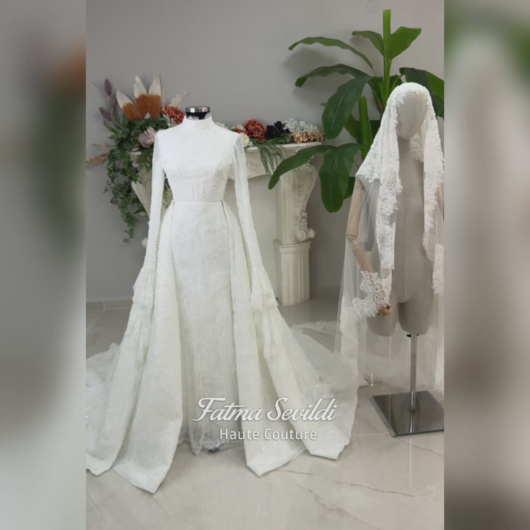 Tesettür Gelinlik, Ayrılabilir Üst Etekli, Uzun Kollu, Boncuklu, Dantel Korsajlı, Balık Model Tesettür Gelinlik