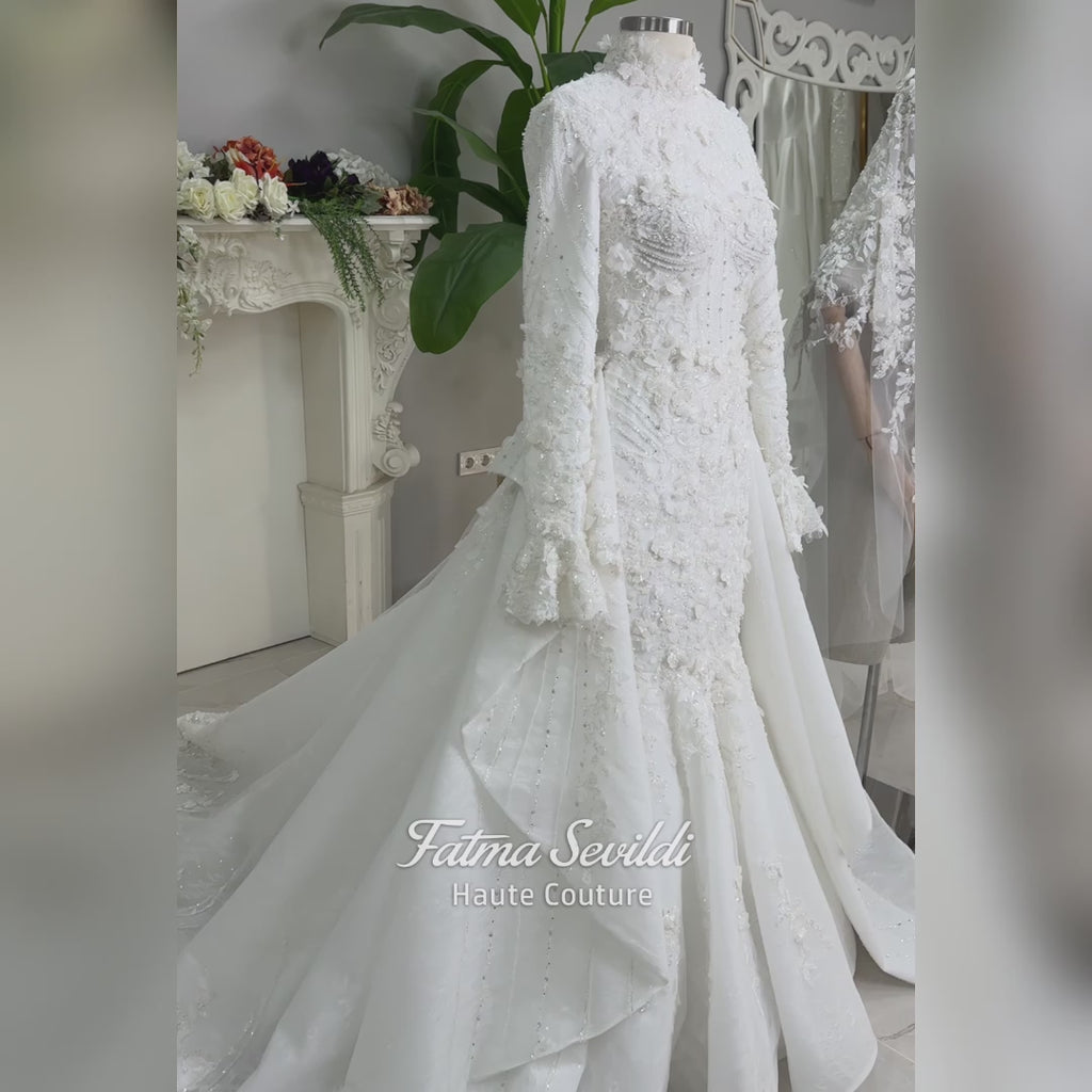 Hijab Convertible Wedding Dress, 3-in-1  Strapless Mermaid Gown, Detachable Overskirt, Long Sleeve Bridal Topper