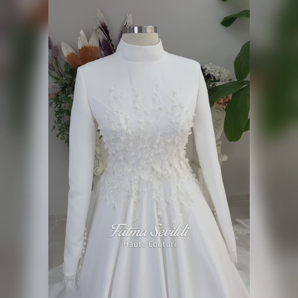 Hijab Wedding Dress, Veiled A-Line Satin Long Sleeve Luxury Muslim Bridal Gown, Lace Mantilla