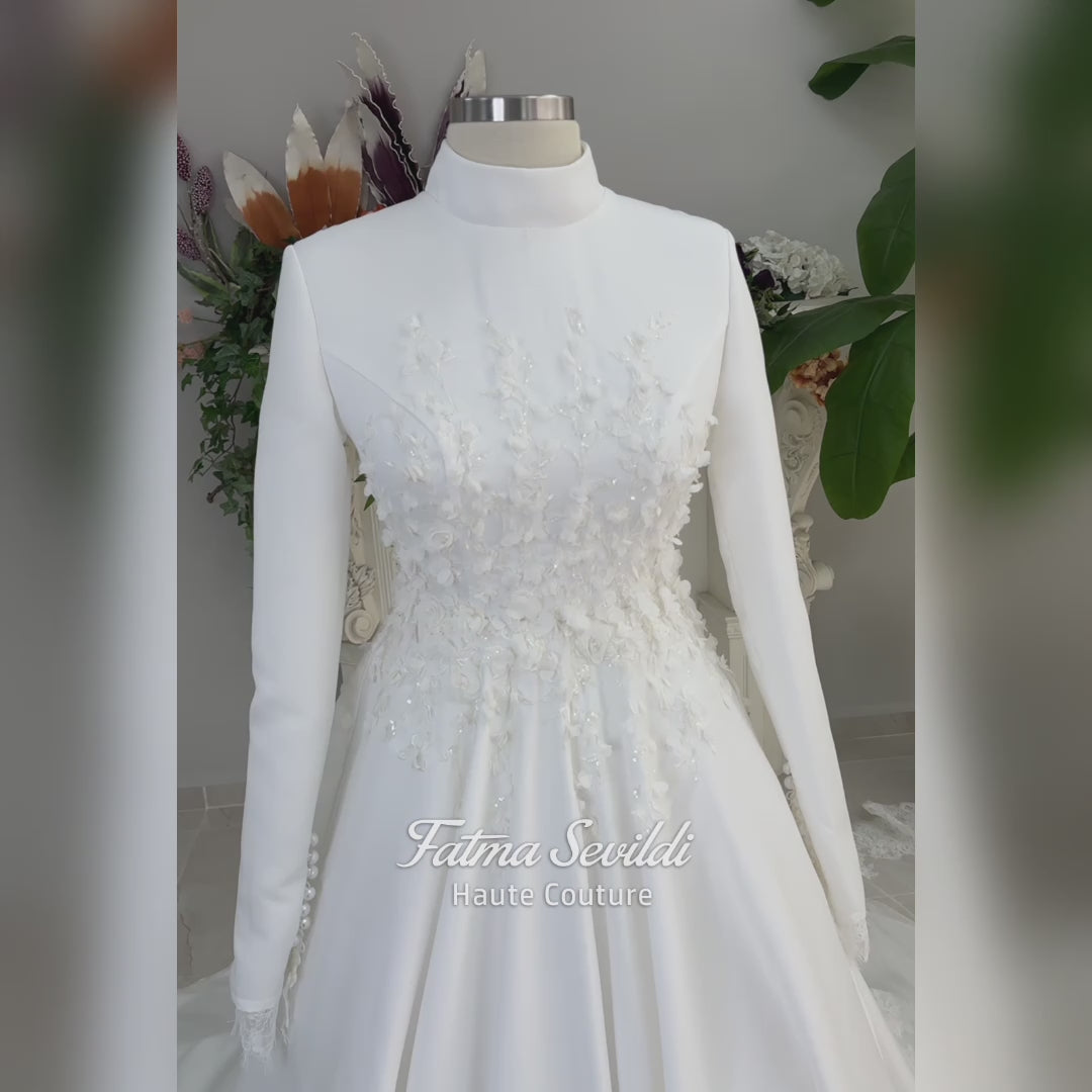 Hijab Wedding Dress, Veiled A-Line Satin Long Sleeve Luxury Muslim Bridal Gown, Lace Mantilla