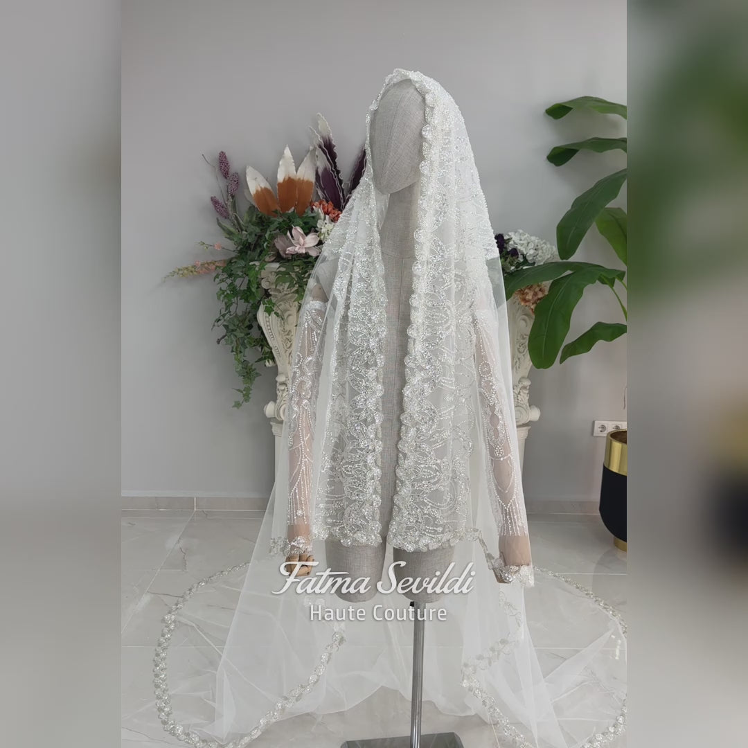 أكمام زفاف مزينة بالخرز قابلة للفصل مع طرحة دانتيل اختيارية، إكسسوارات زفاف فاخرة ومحتشمة