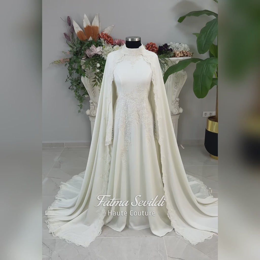 Modest Hijab Wedding Dress with Detachable Lace Cape, Long Sleeve Bridal Gown