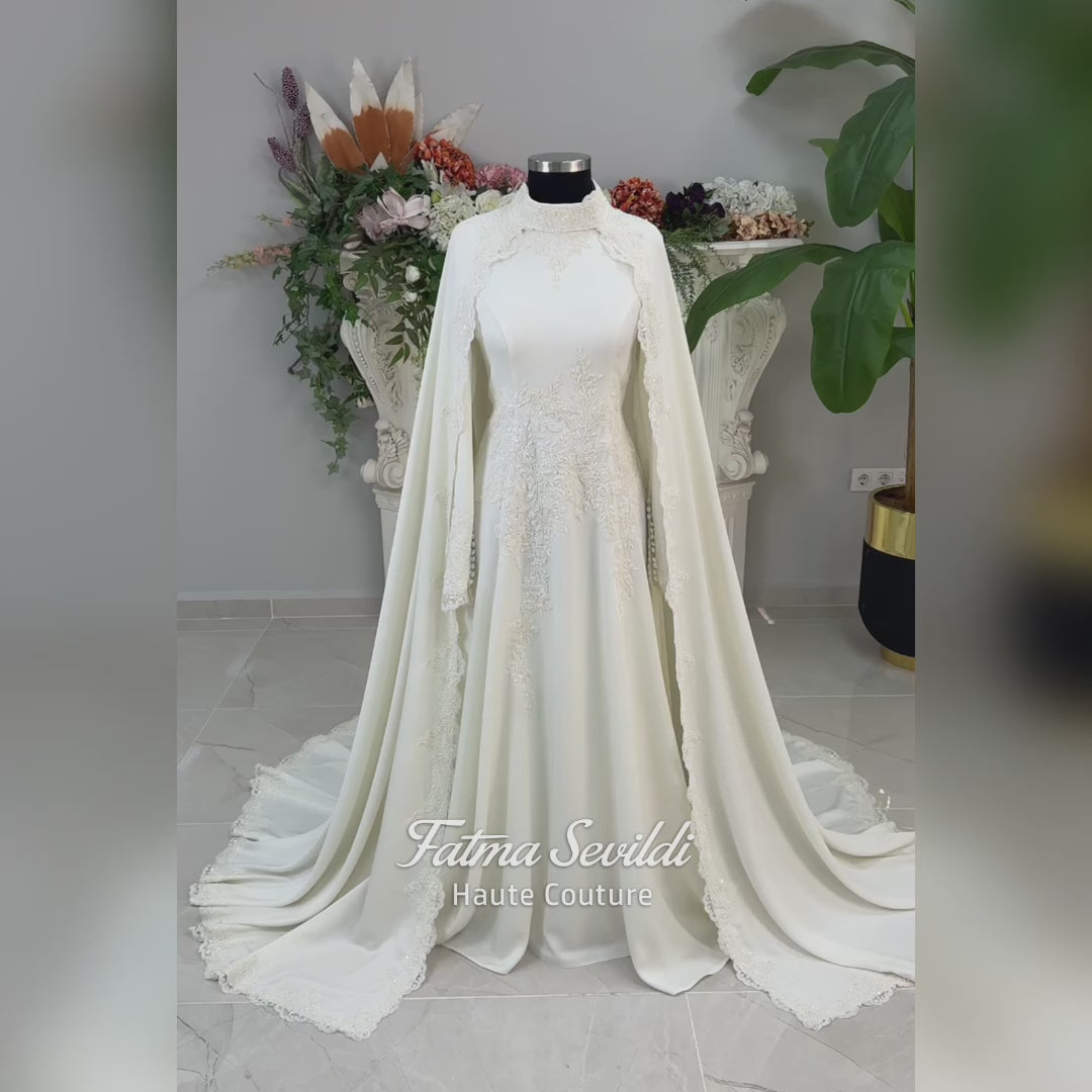 Modest Hijab Wedding Dress with Detachable Lace Cape, Long Sleeve Bridal Gown