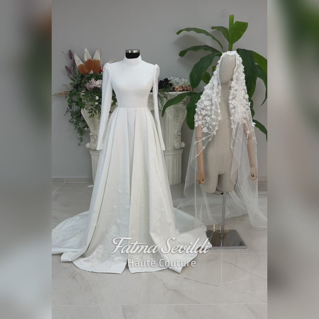 Luxury Hijab Wedding Dress, Mermaid Basque Corset, Long Sleeve Lace, V   Fatma Sevildi Couture