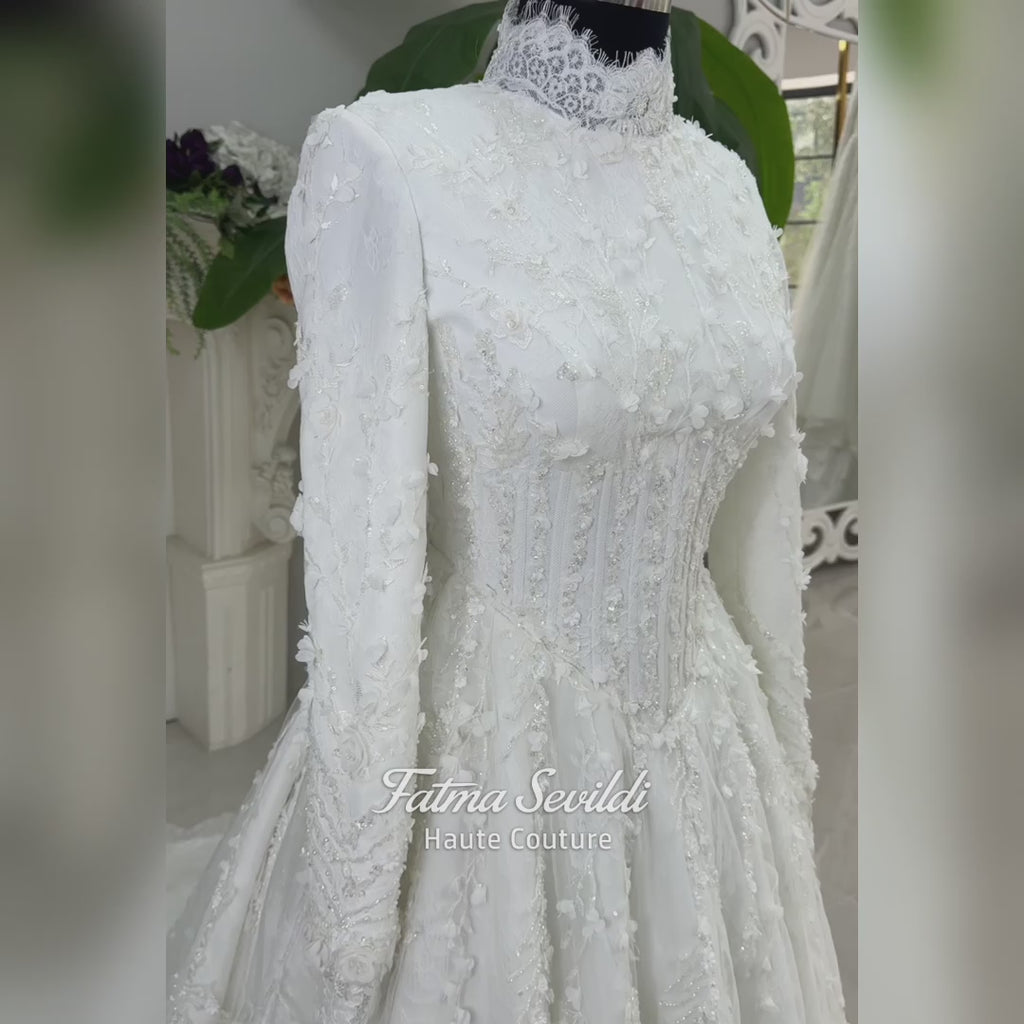 Hijab Wedding Dress, Veiled Long Sleeve Lace Bridal Gown, Luxury Modest Muslim Bride