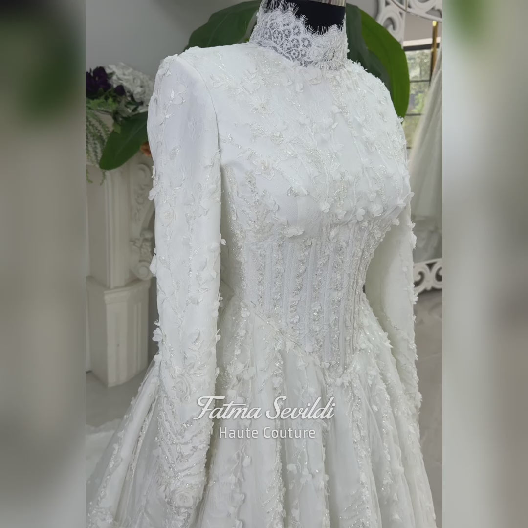 Hijab Wedding Dress, Veiled Long Sleeve Lace Bridal Gown, Luxury Modest Muslim Bride