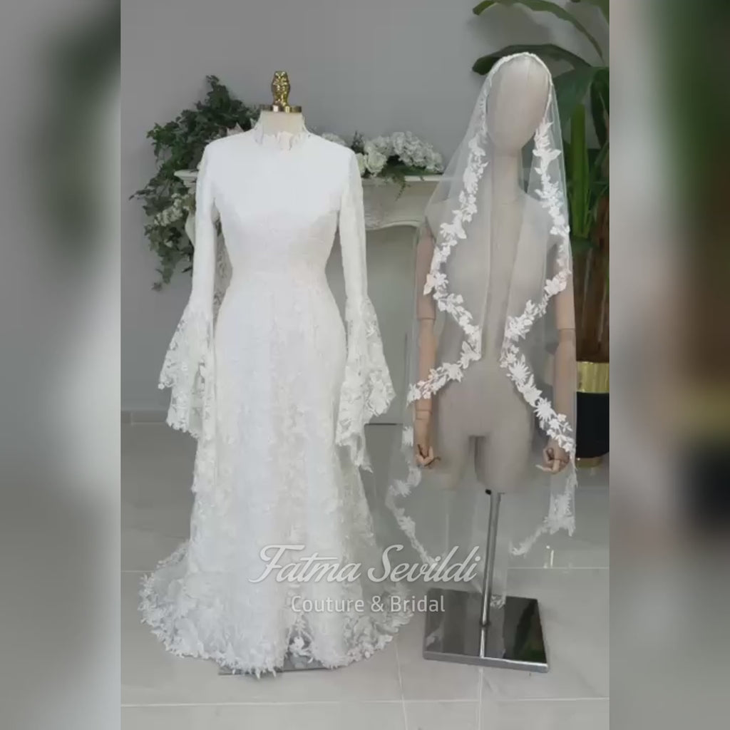 Duvaklı Başörtülü Kapalı Gelinlik, Yüksek Yakalı Uzun Kollu Boncuklu Dantel A Kesim Haute Couture