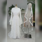 Veiled Hijab Wedding Dress, High Neck Long Sleeve Beaded Lace A-Line Couture