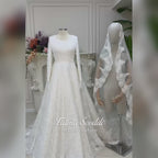 Elegant veiled A-line wedding dress with full beaded long sleeves