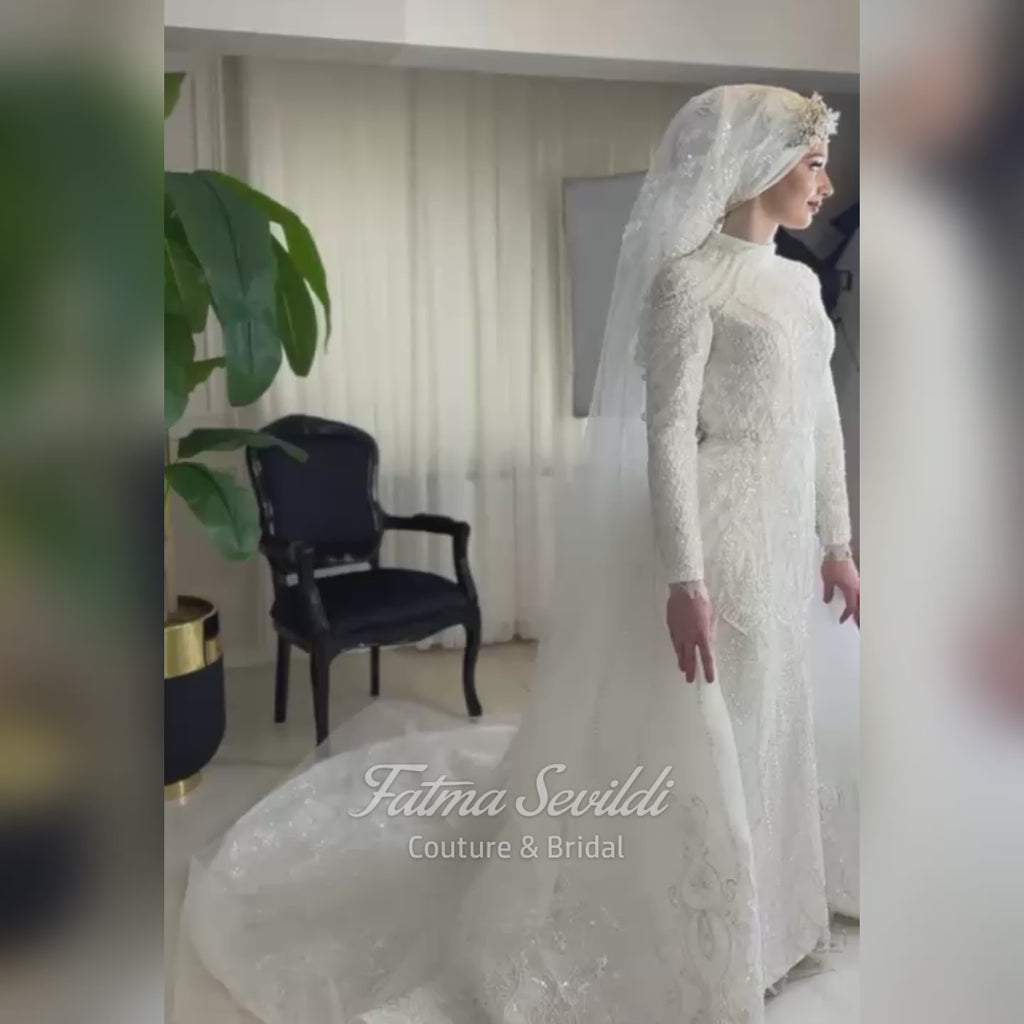 Luxury Hijab Wedding Dress, Sparkly Beaded Modest Bridal Gown, Long Sleeve