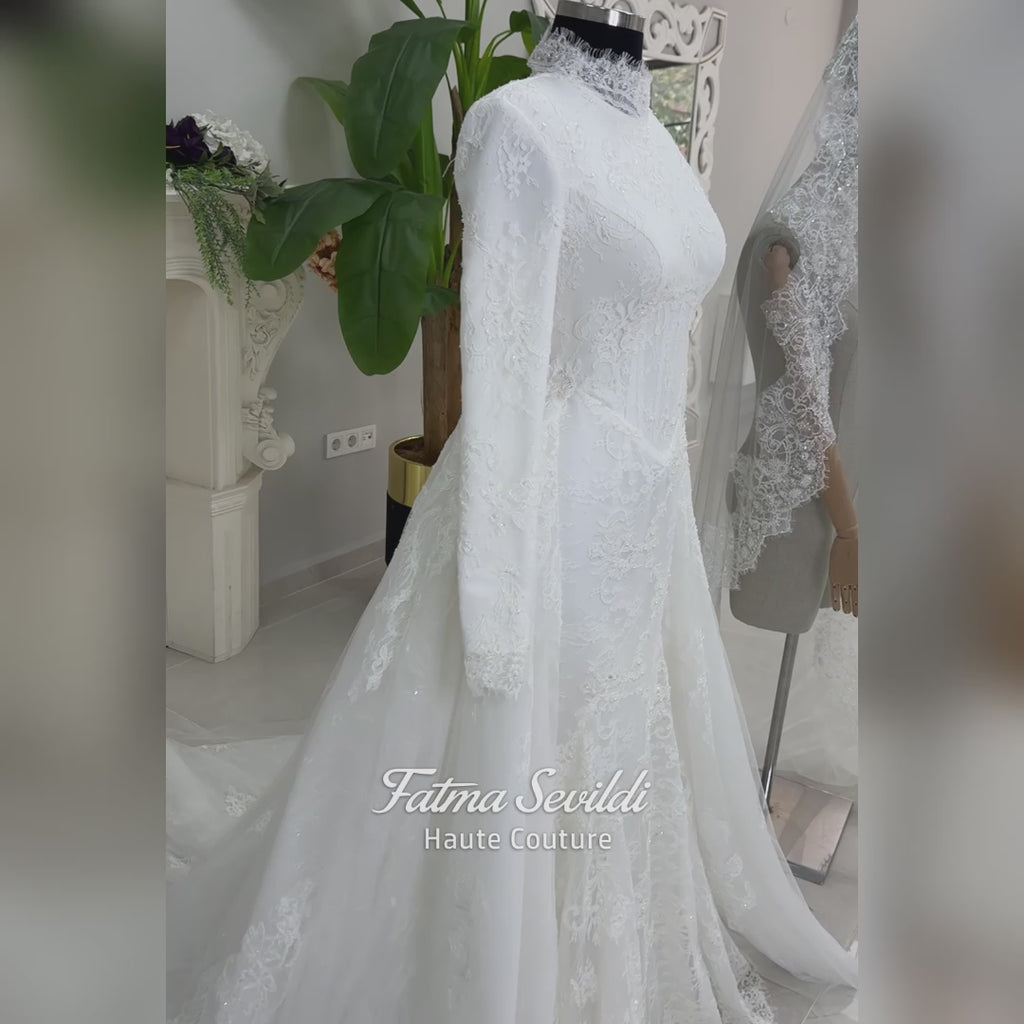 Hijab Wedding Dress with Detachable Overskirt, Veiled Luxury Modest Bridal Gown